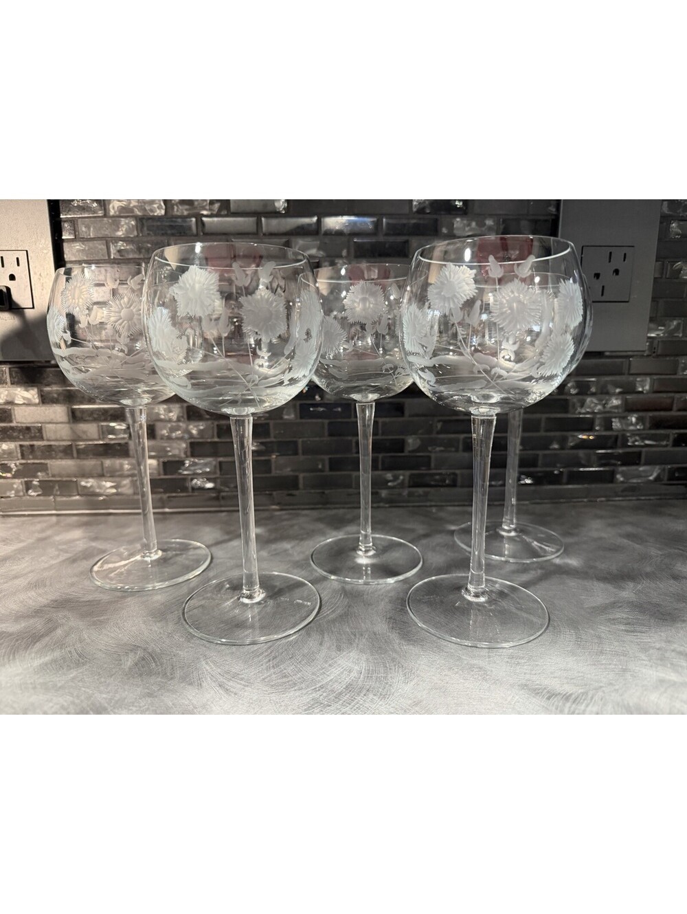 Toscany Romania Crystal Wildflower Etched Wine Glasses 5 Floral Stemware Vintage